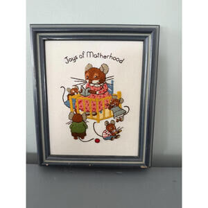 Vintage Framed Embroidered Artwork 'Joys of Motherhood' with Mice Design
